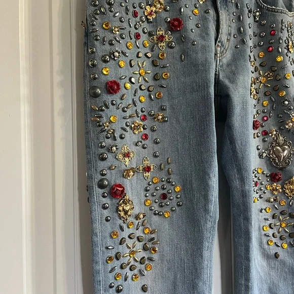 🤩 Dolce & Gabbana Crystal Roses Heart Embellished Jeans Authentic Sz 44 US 8/10 - Picture 5 of 16